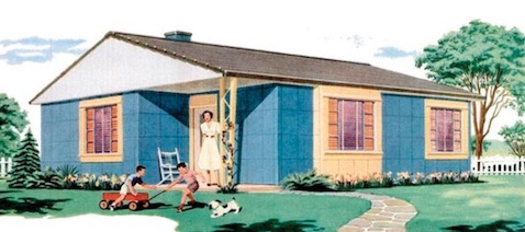 asdPictured is an illustration of a Lustron Home. It includes the scene of a boy playing in his yard while his dog plays and his mom watches.