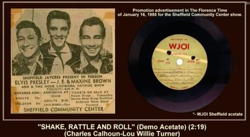 A promotional advertisement in The Florence Time of January 16, 1955 for the Sheffield Community Center show. The record is Shake, Rattle and Roll.
